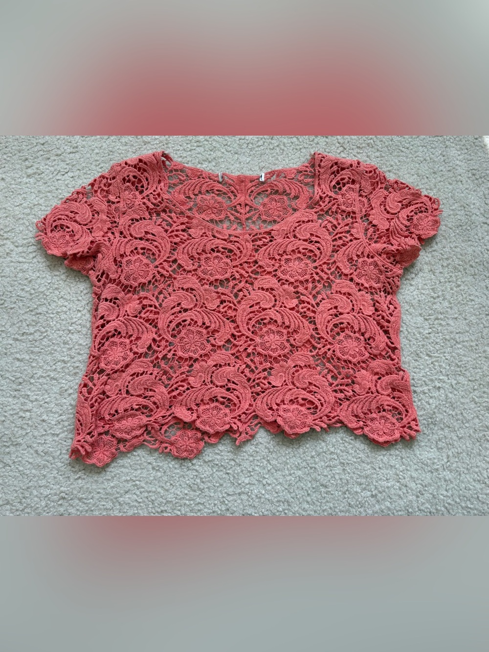 Orange crochet floral lace sheer crop top sz S festival romantic boho coquette